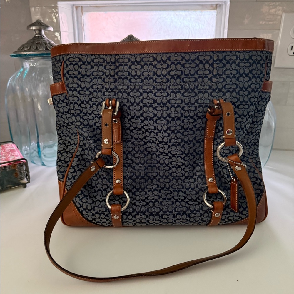 Coach Navy and Tan Shoulder Bag